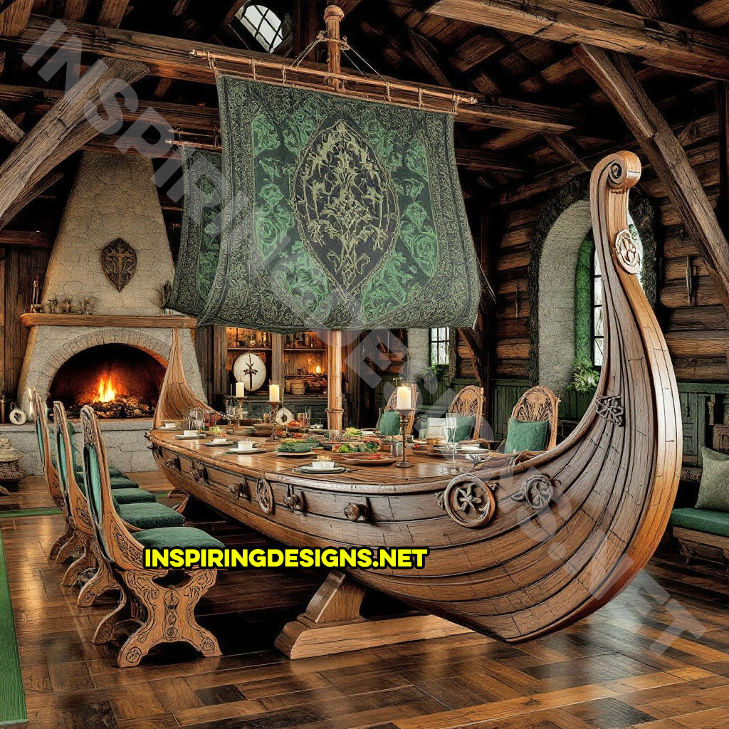 viking ship dining table in a carved natural wood finish with green color