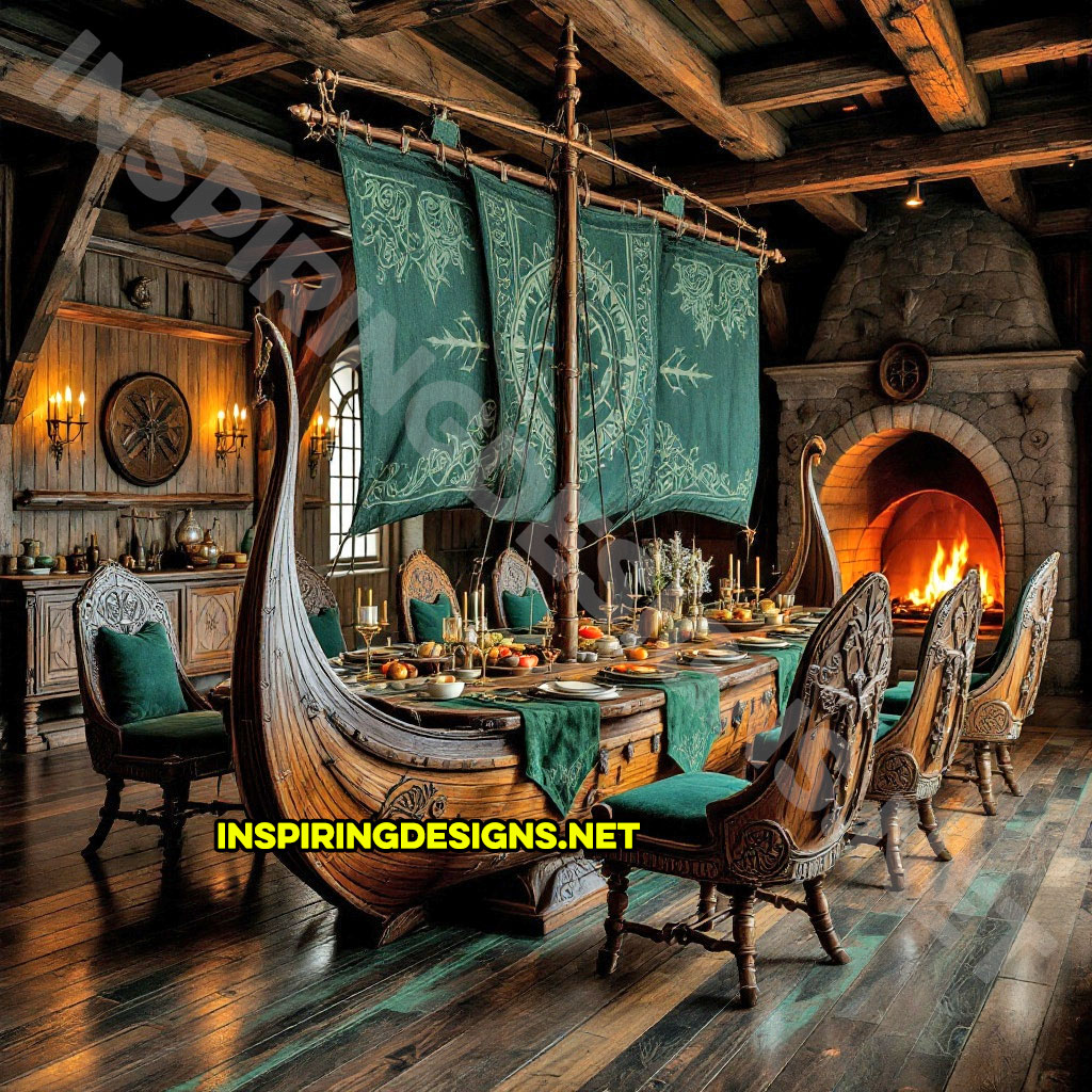 viking ship dining table in a carved natural wood finish with green color