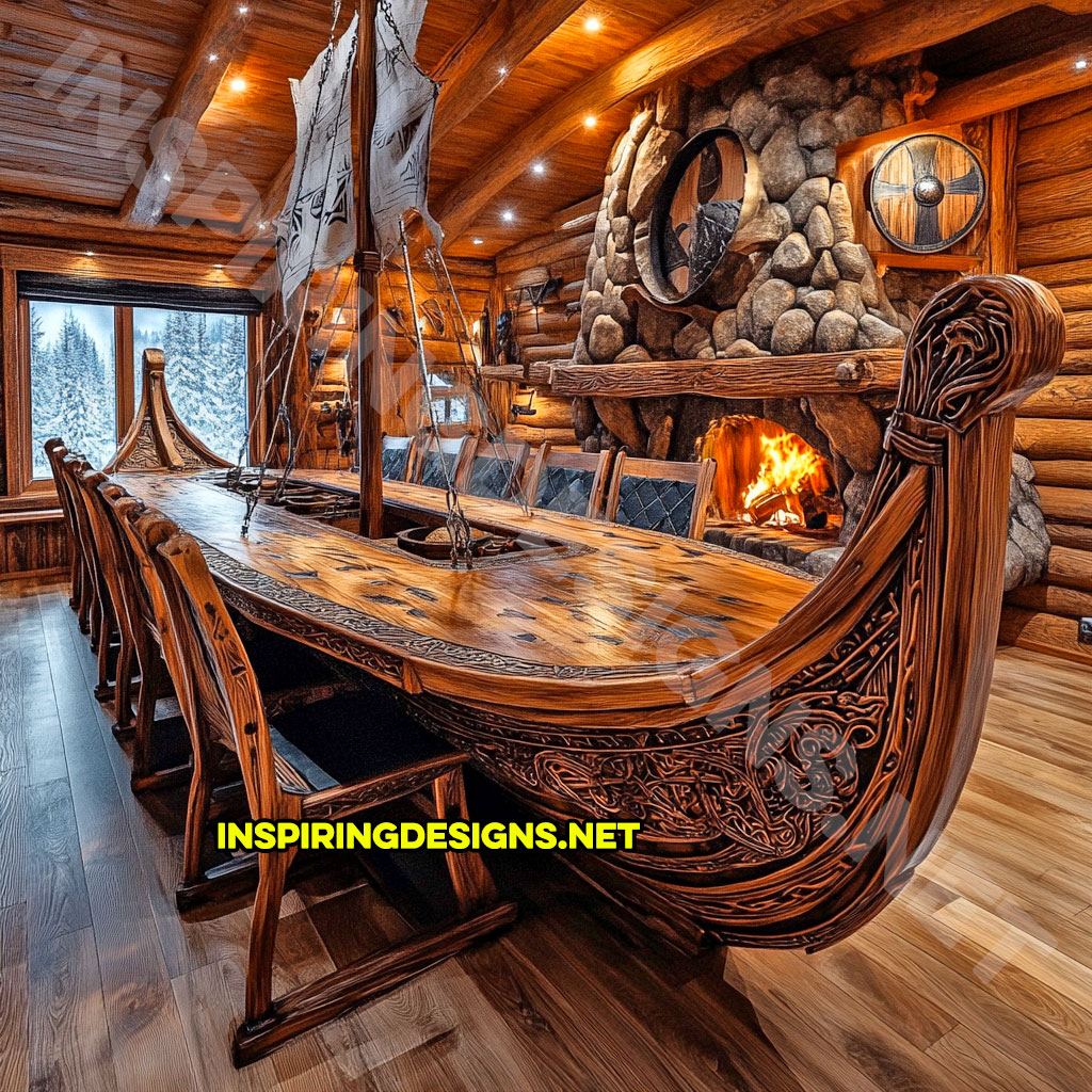 viking ship dining table in a carved natural wood finish with black color