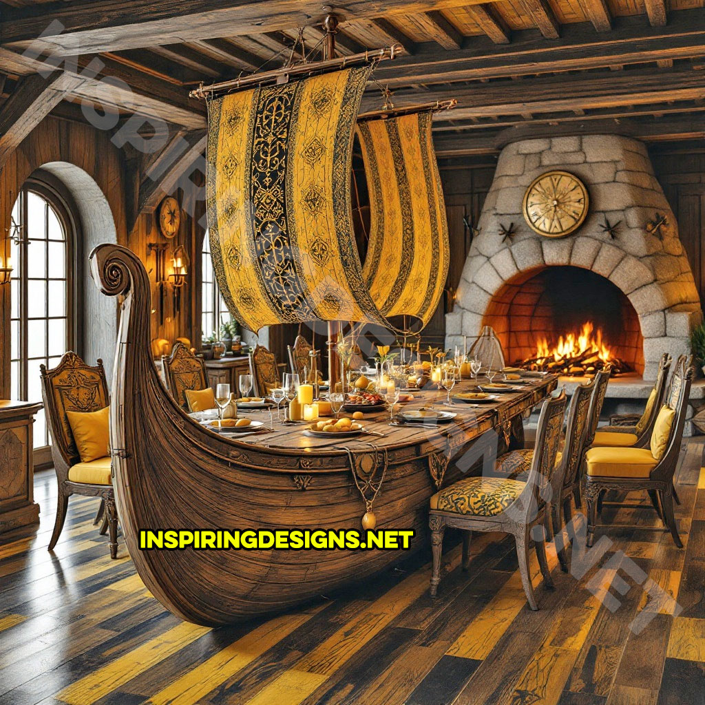 viking ship dining table in a carved natural wood finish with yellow color