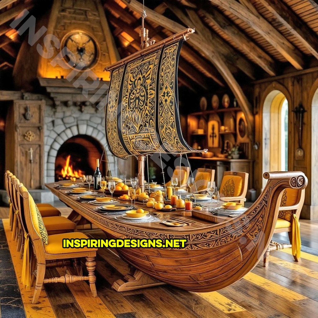 viking ship dining table in a carved natural wood finish with yellow and black color