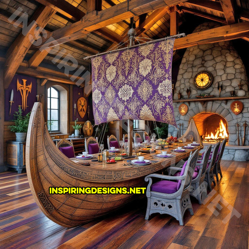 viking ship dining table in a carved natural wood finish with purple and gold color