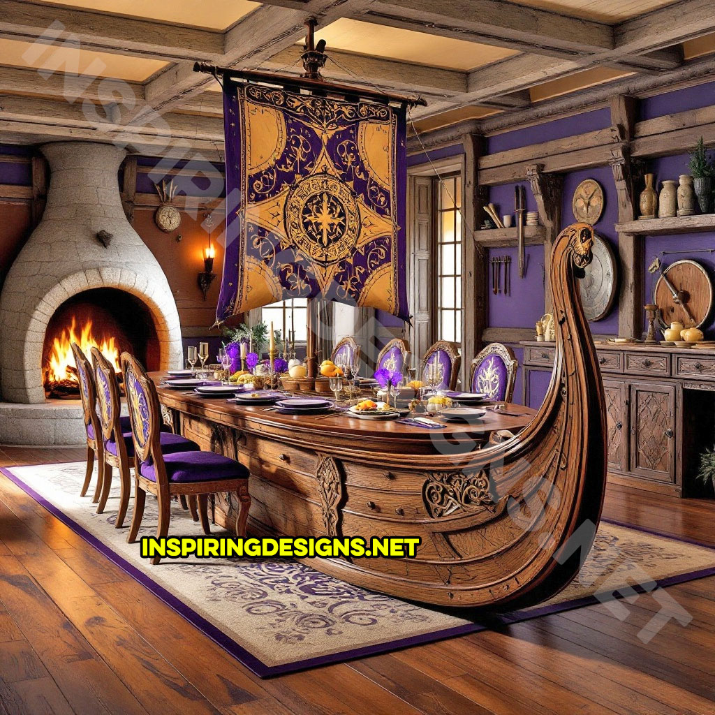 viking ship dining table in a carved natural wood finish with yellow and black color