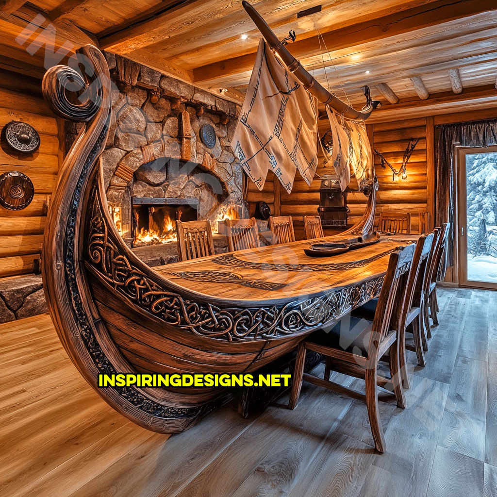 viking ship dining table in a carved natural wood finish with black color