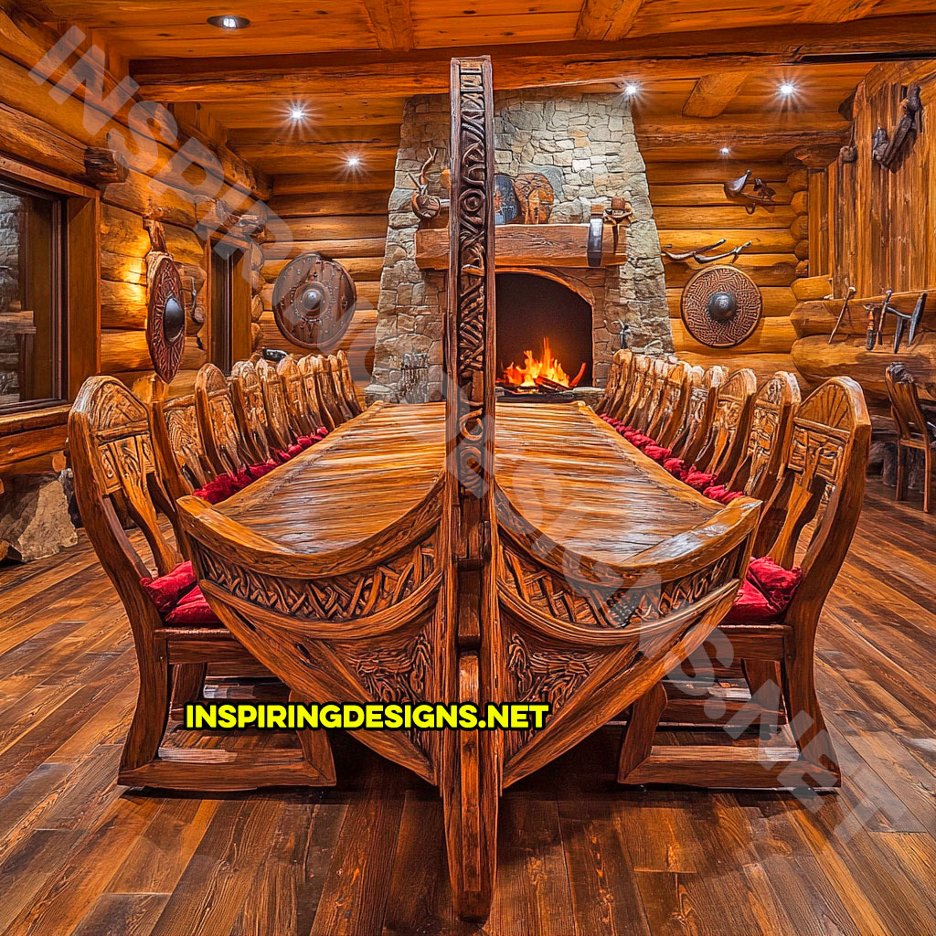 viking ship dining table in a carved natural wood finish with red color