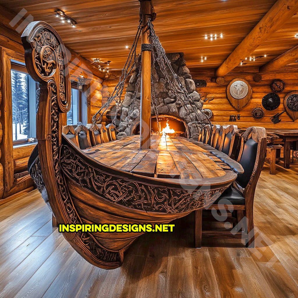 viking ship dining table in a carved natural wood finish with black color