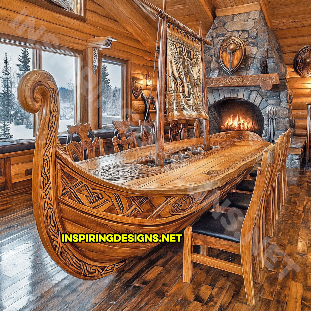 viking ship dining table in a carved natural wood finish with black color