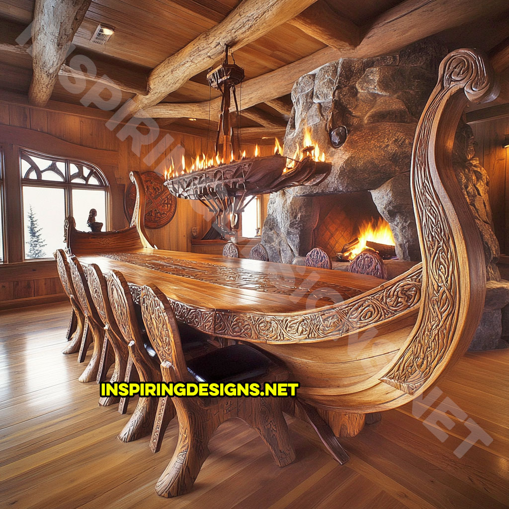 viking ship dining table in a carved natural wood finish color