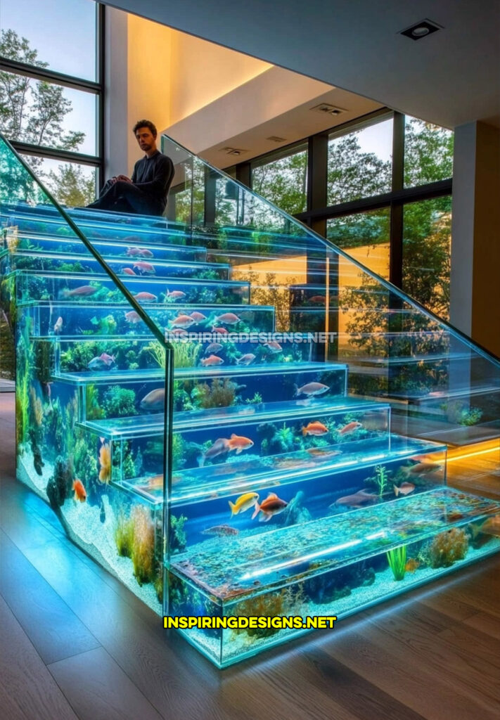 aquarium staircase in a contemporary home design with a man sitting on staircase