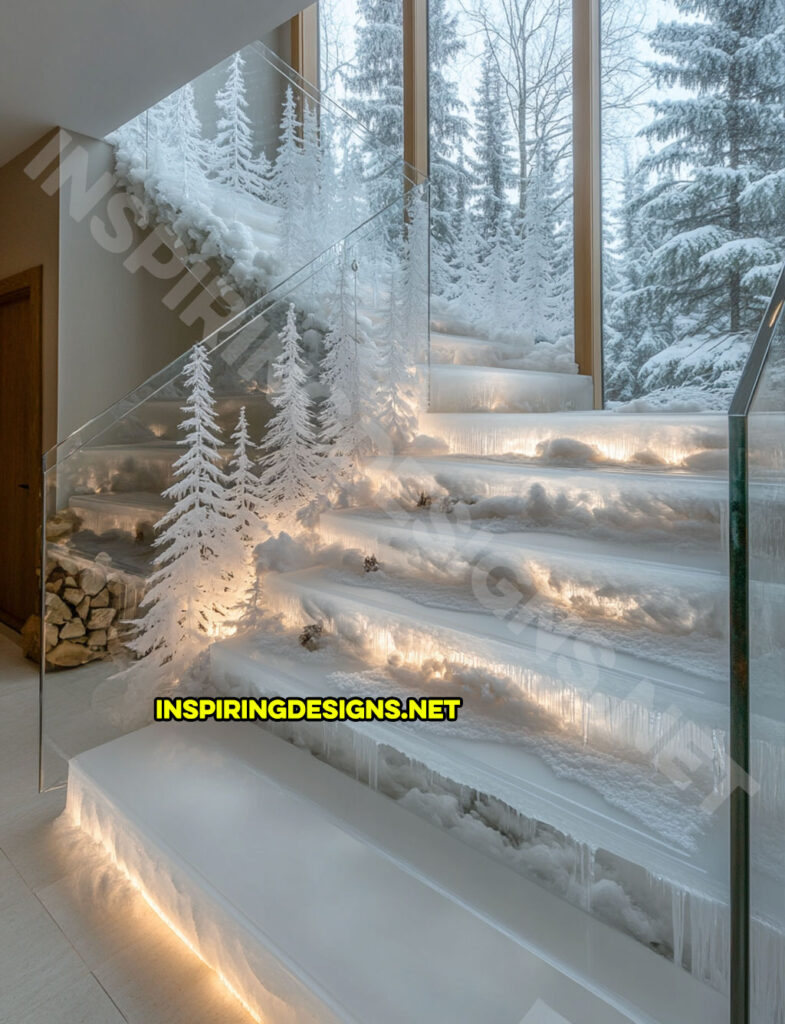 epoxy active scene staircase in a snowy forest nature scene