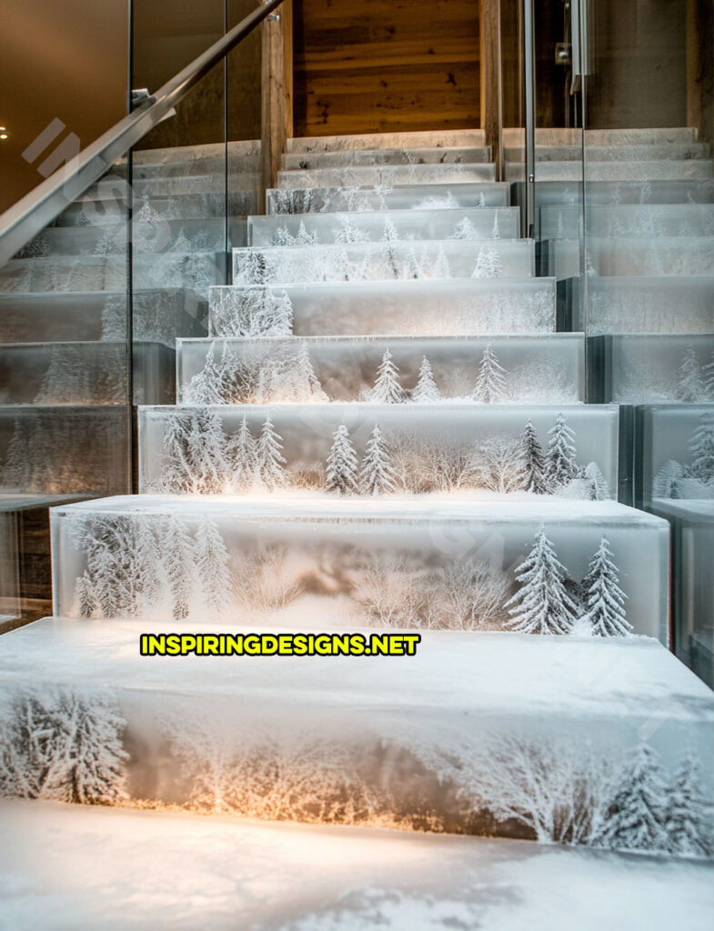 epoxy active scene staircase in a snowy forest nature scene