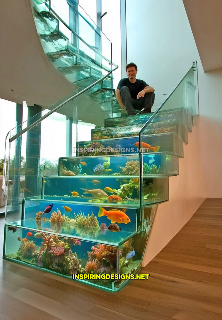 angled aquarium staircase in a modern white design