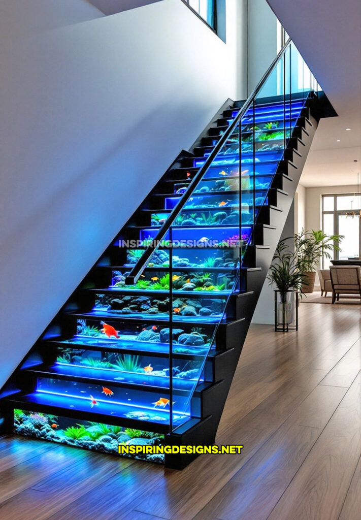 aquarium staircase in a dark black modern design