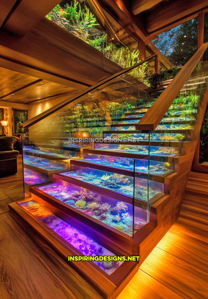 aquarium staircase in a rustic modern home design with wood accents