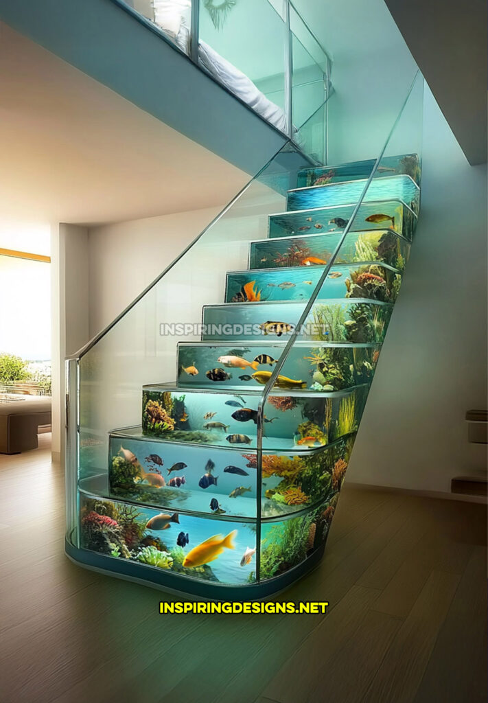 aquarium staircase in a modern white home design