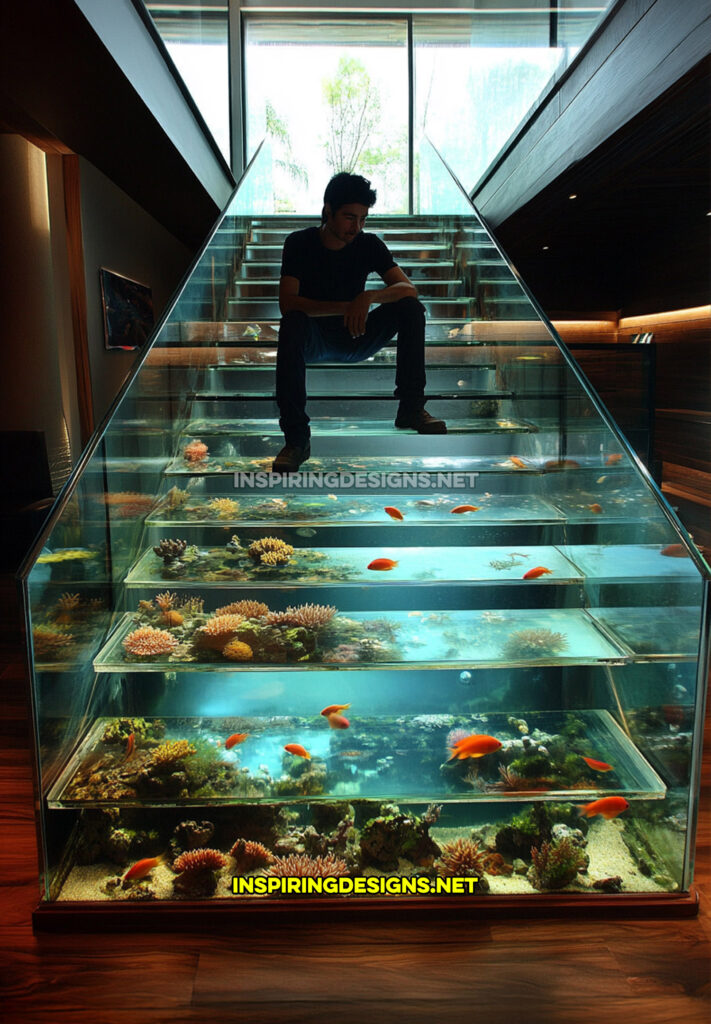 aquarium staircase in a dark contemporary home design