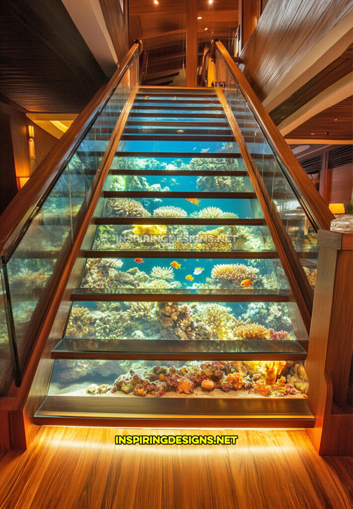 aquarium staircase in a rustic modern home design with wood accents