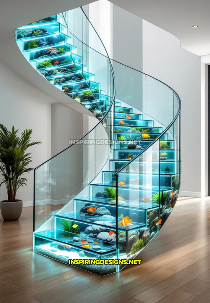 spiral aquarium staircase in a modern white design