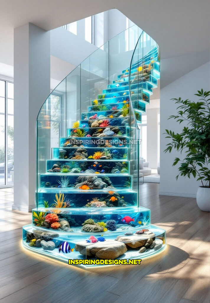 curving aquarium staircase in a modern white home design