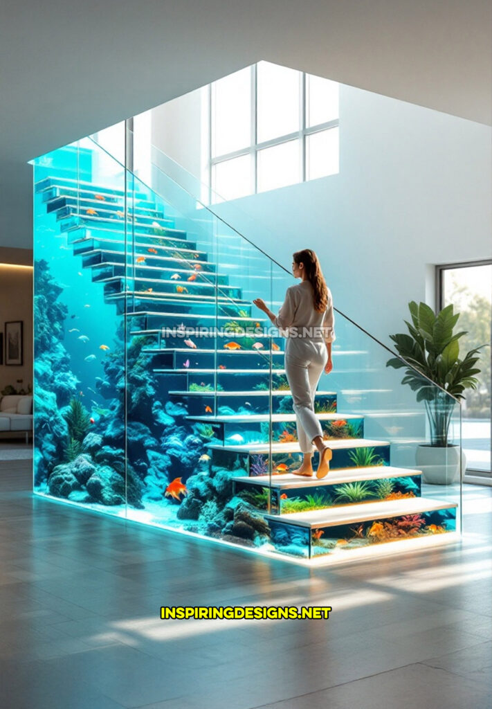 aquarium staircase in a modern home design with a large base tank