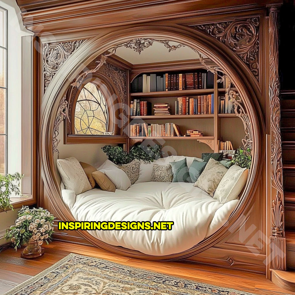 wooden circular reading nook with an elegant light brown finish