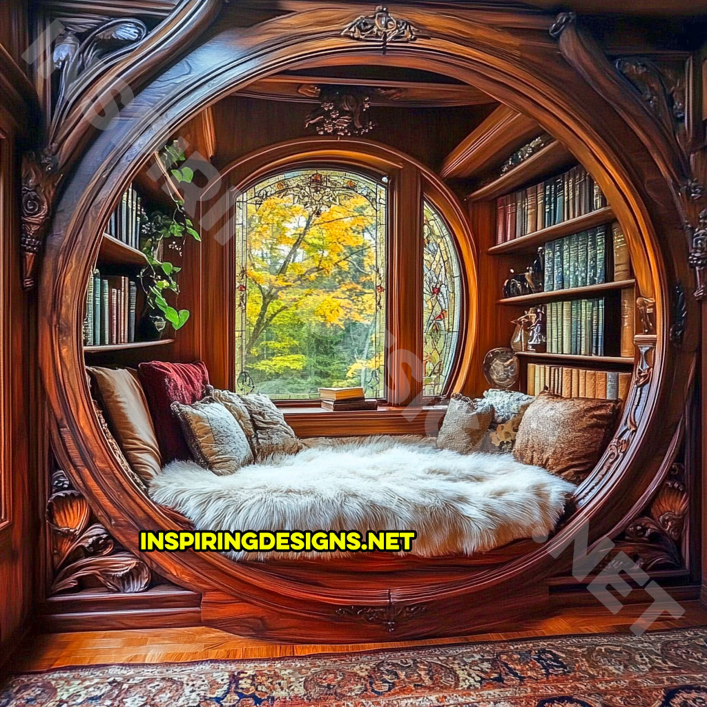 wooden circular reading nook with an elegant dark brown finish