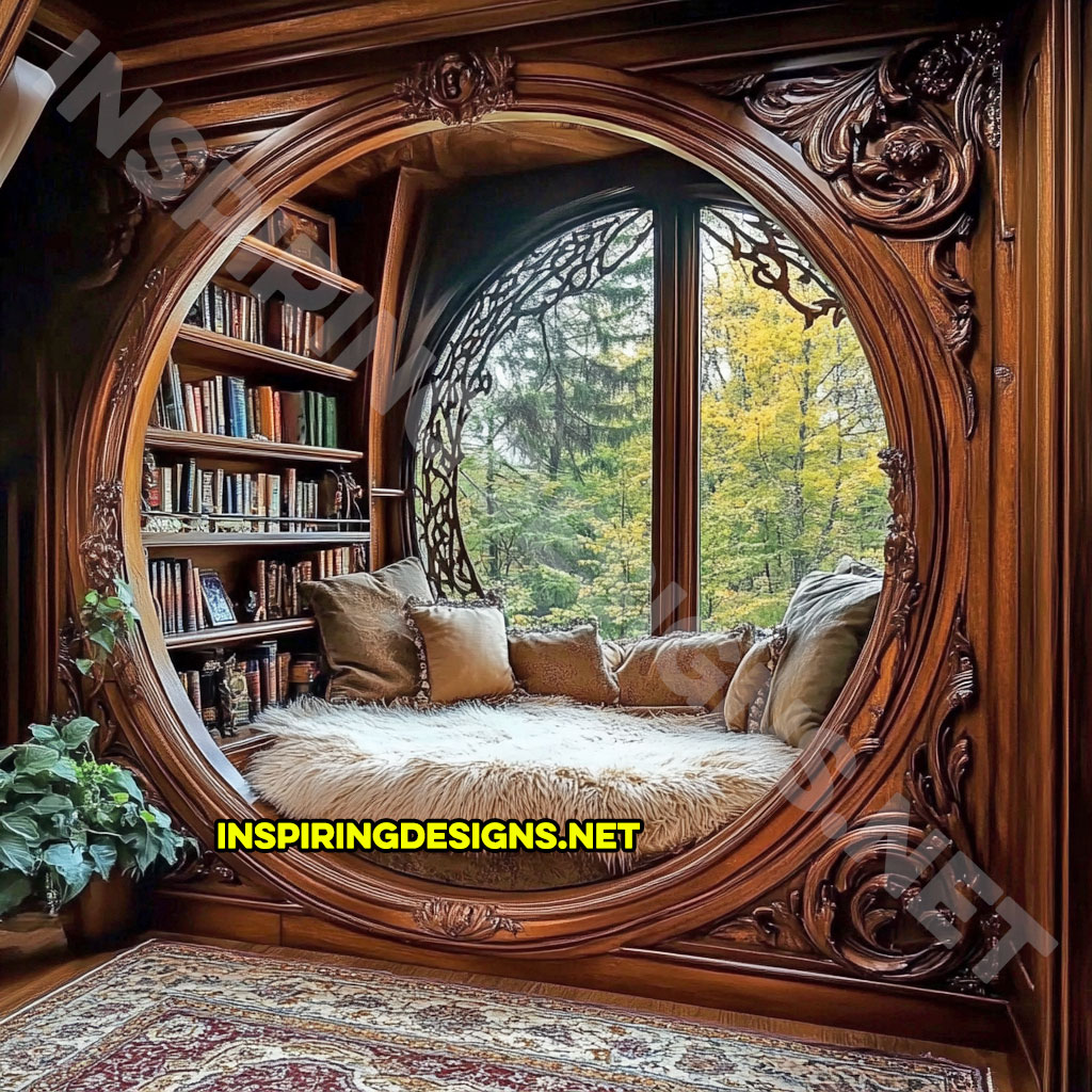 wooden circular reading nook with an elegant brown finish