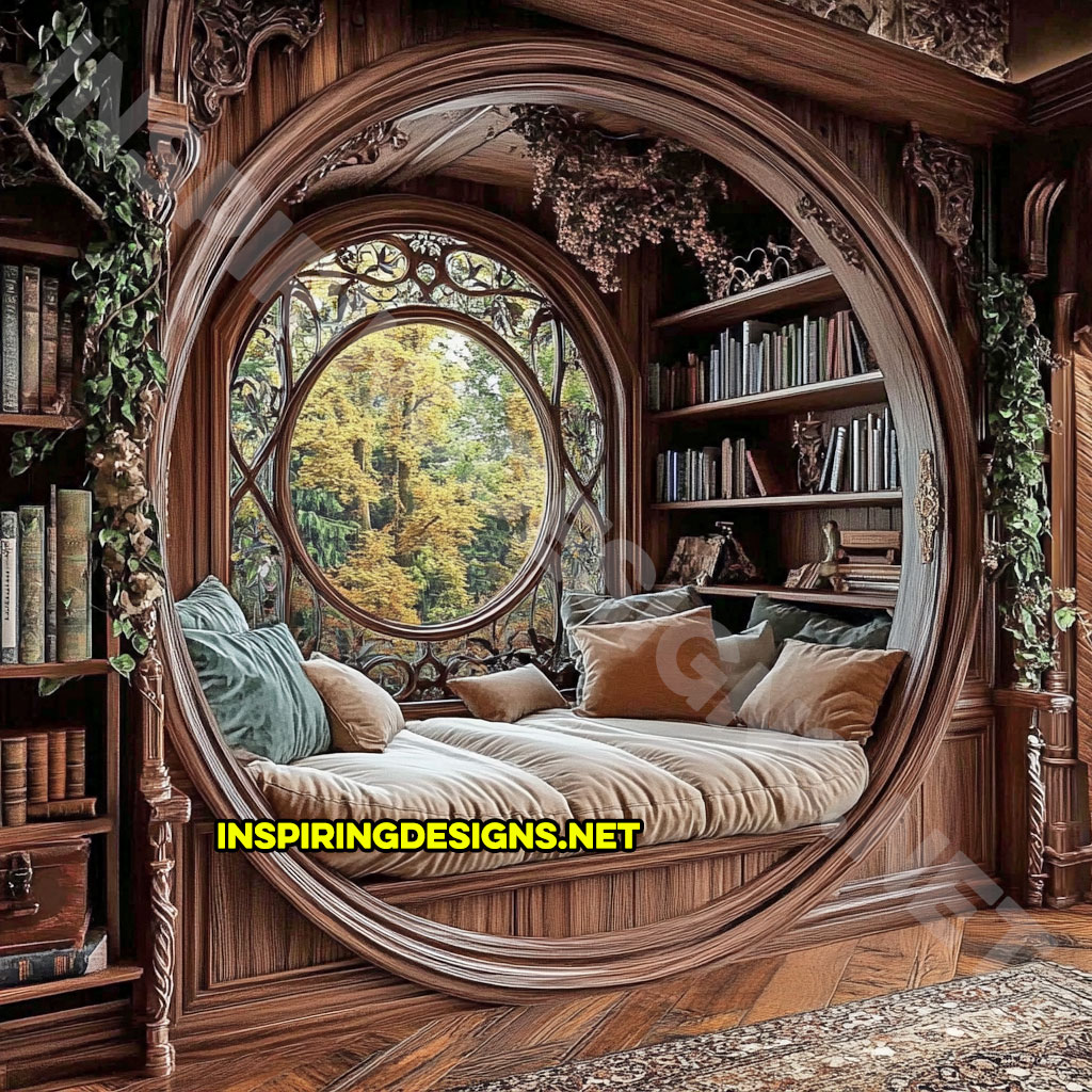 wooden circular reading nook with an elegant light brown finish