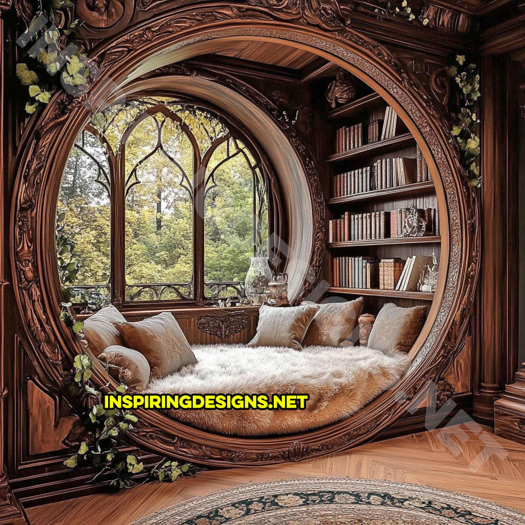 wooden circular reading nook with an elegant light brown finish