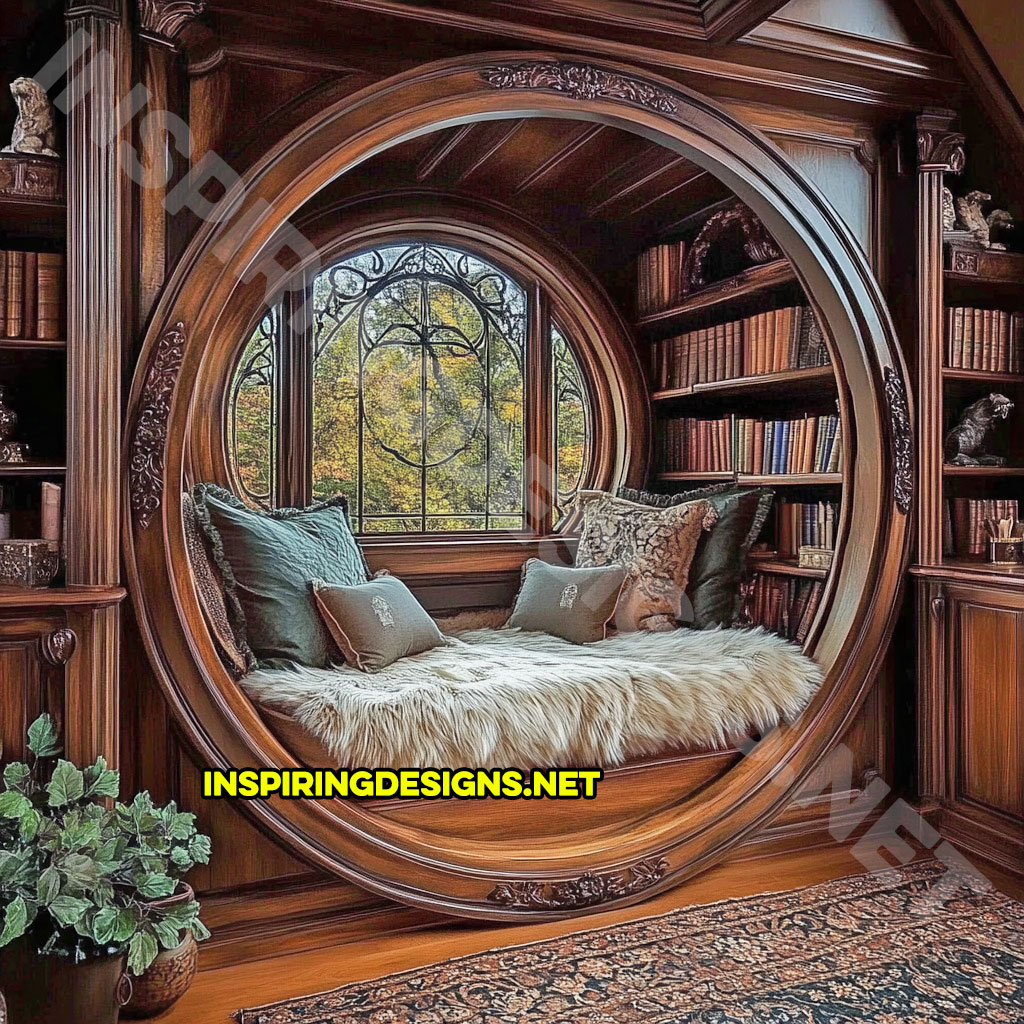 wooden circular reading nook with an elegant brown finish