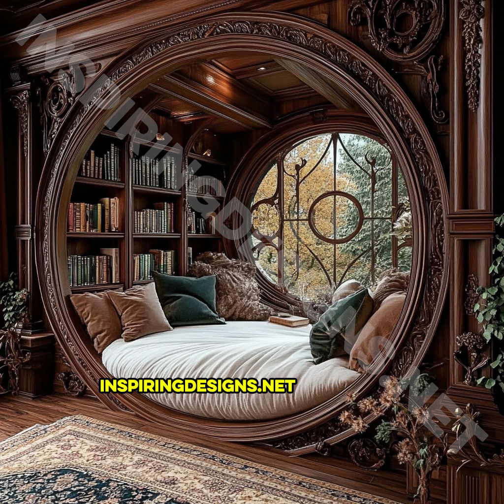 wooden circular reading nook with an elegant dark brown finish