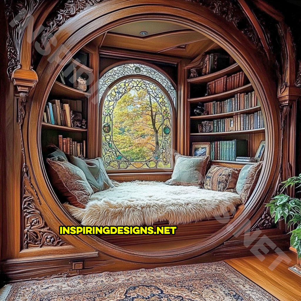 wooden circular reading nook with an elegant light brown finish