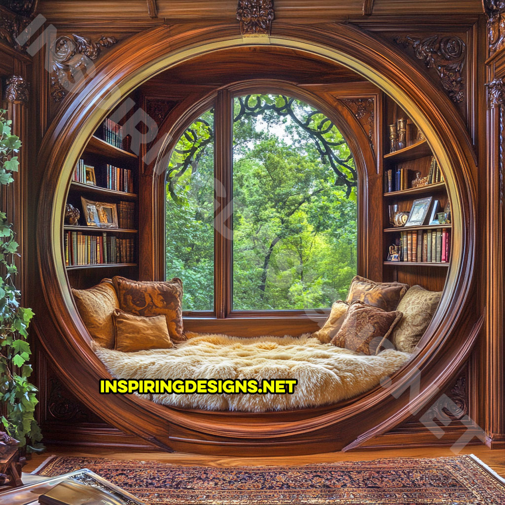 wooden circular reading nook with an elegant light brown finish