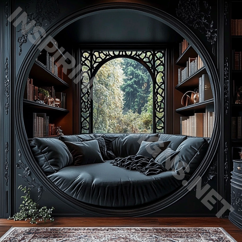 wooden circular reading nook with an elegant black finish