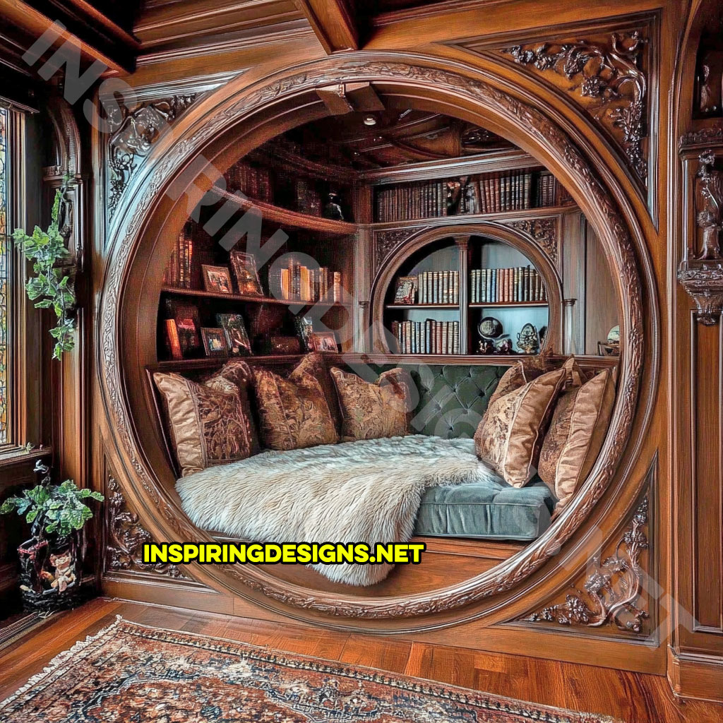 wooden circular reading nook with an elegant light brown finish