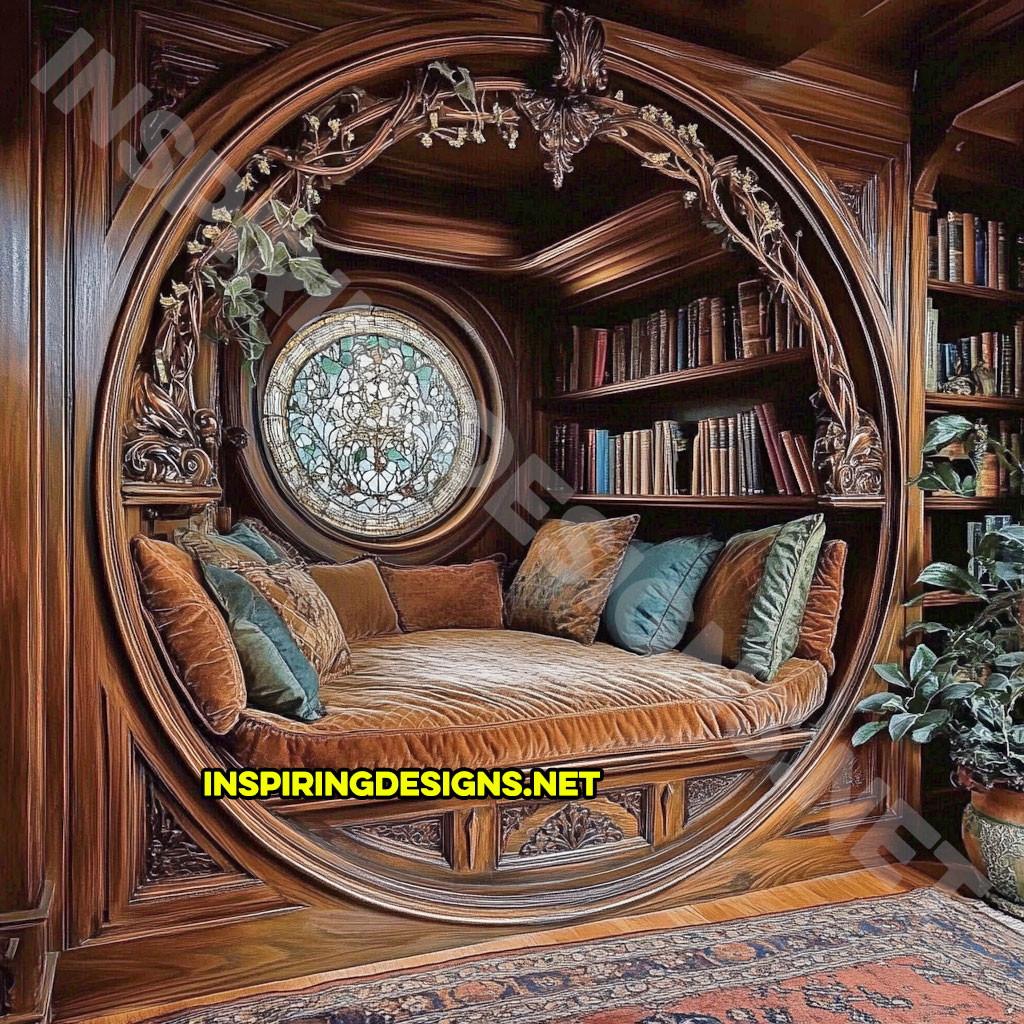 wooden circular reading nook with an elegant light brown finish