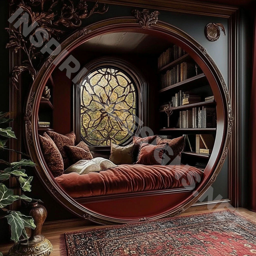 wooden circular reading nook with an elegant dark red finish