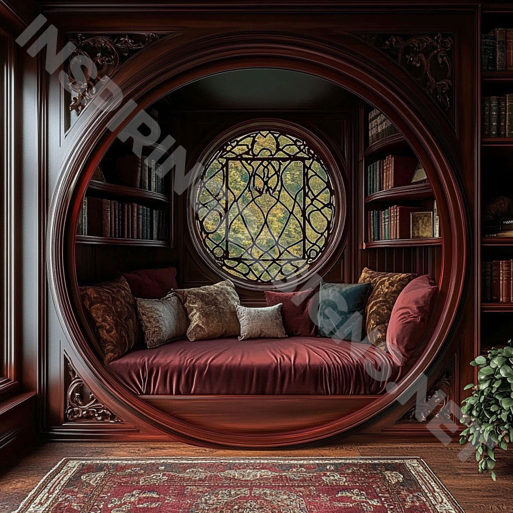 wooden circular reading nook with an elegant dark red finish