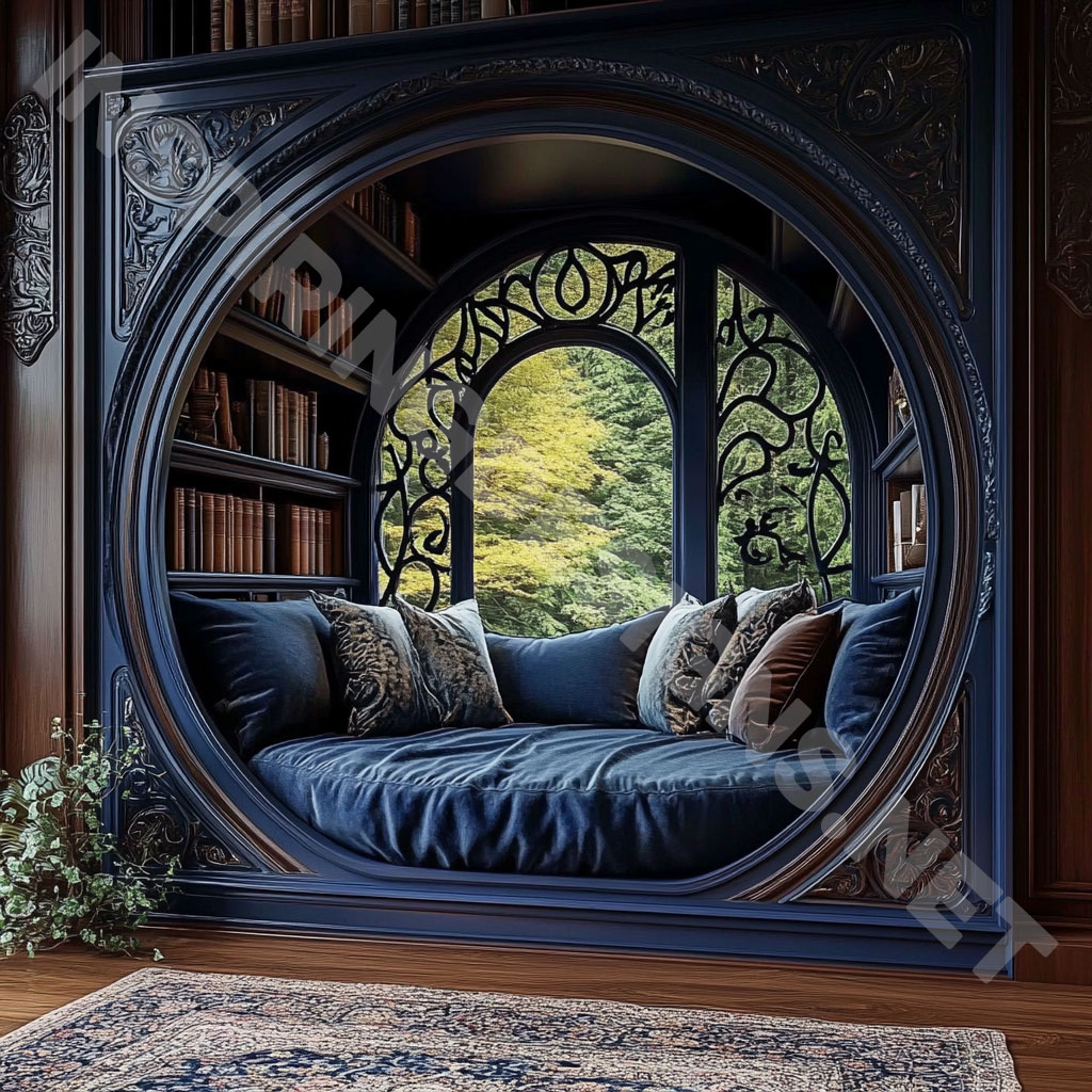 wooden circular reading nook with an elegant dark blue finish