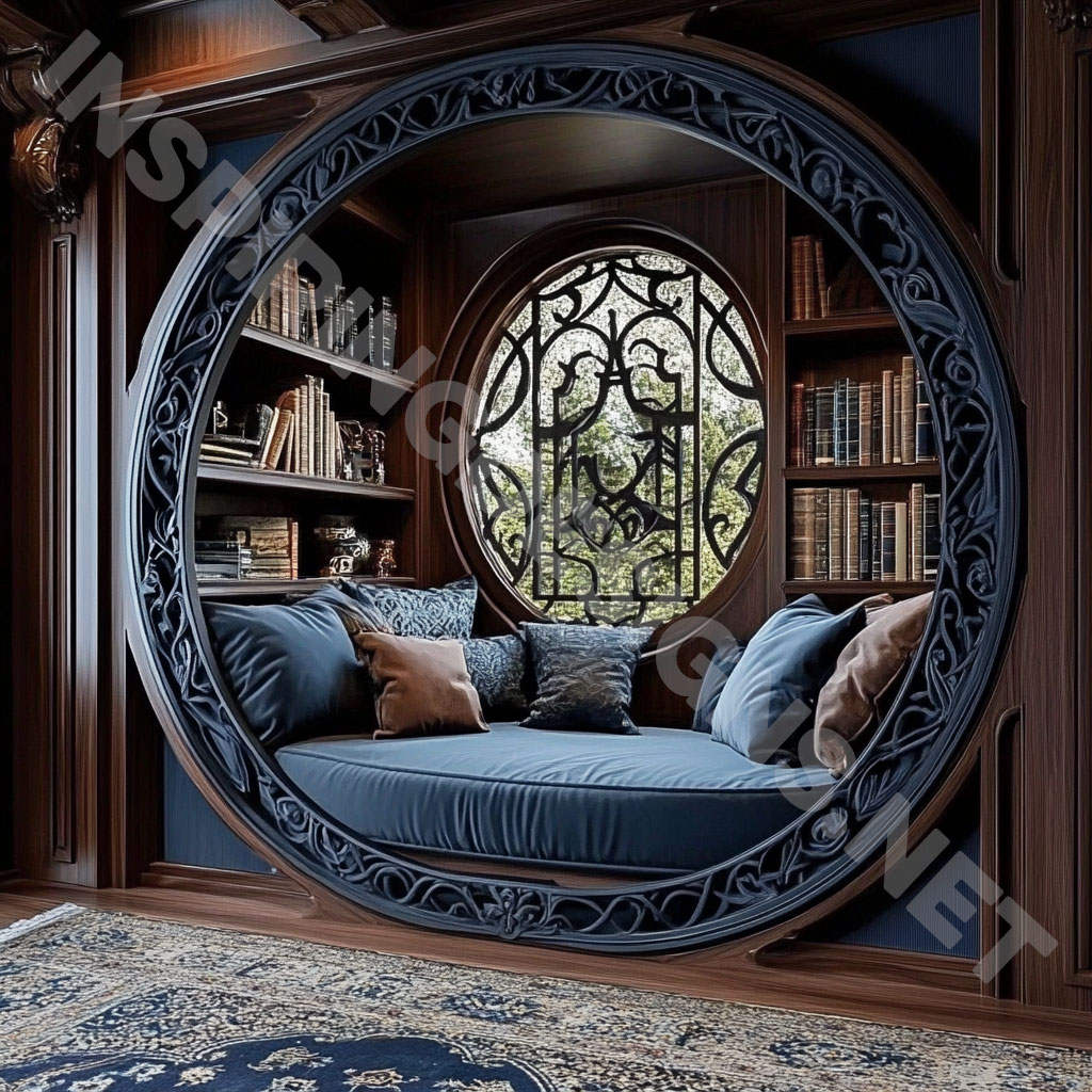 wooden circular reading nook with an elegant dark blue finish