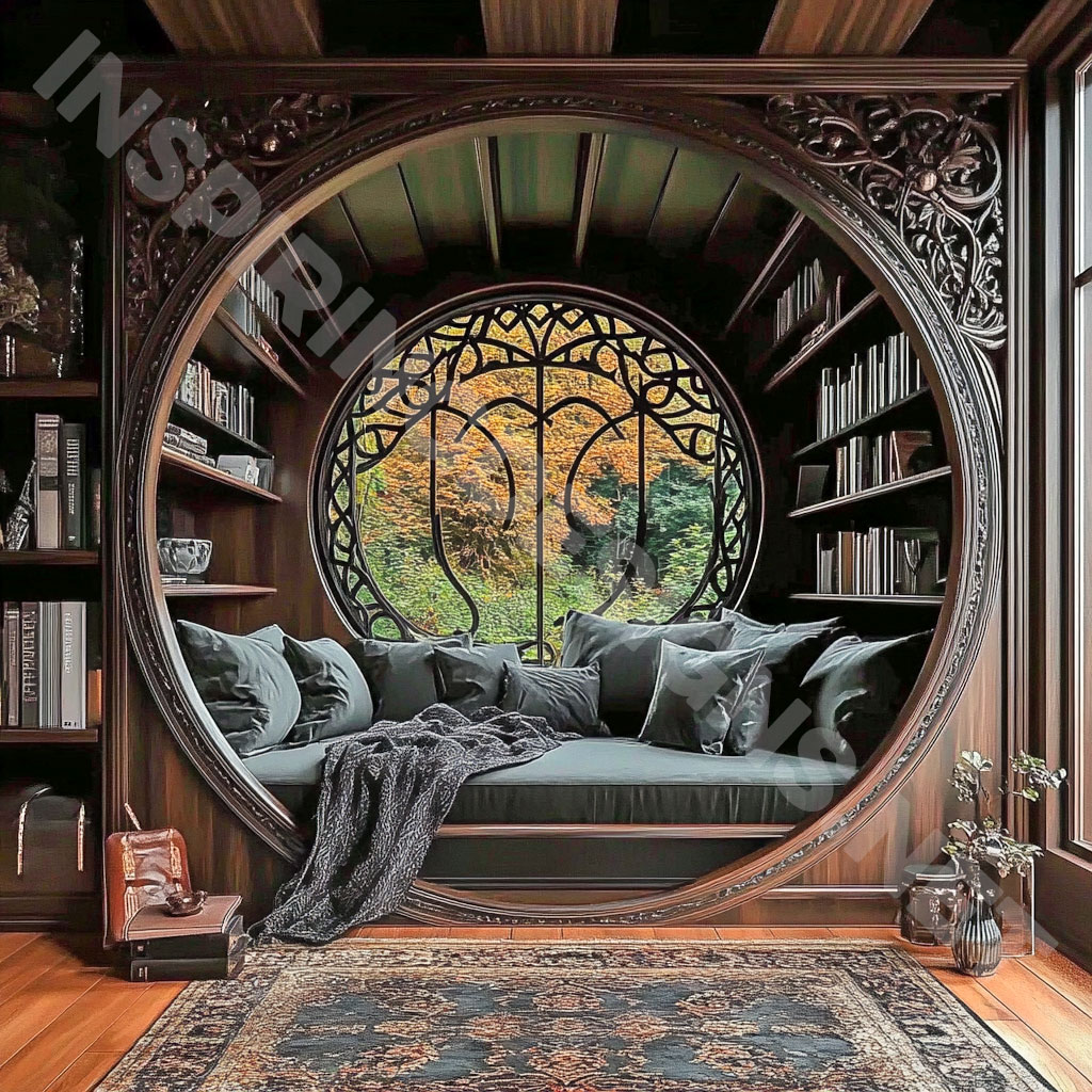 wooden circular reading nook with an elegant dark brown finish