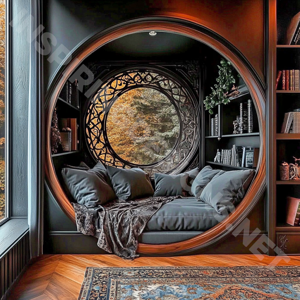 wooden circular reading nook with an elegant black and brown finish