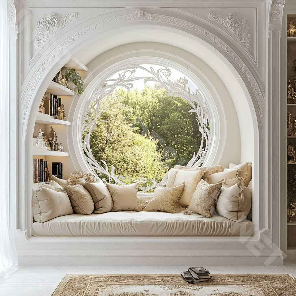 wooden circular reading nook with an elegant white finish