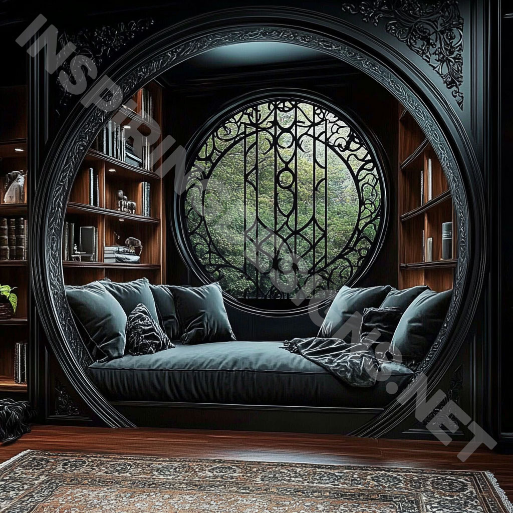 wooden circular reading nook with an elegant black finish