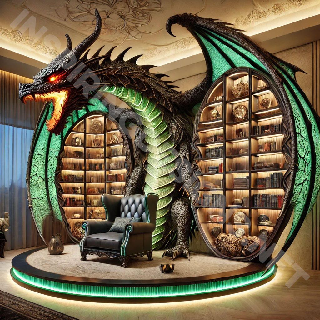 giant dragon bookcase in a black and green color