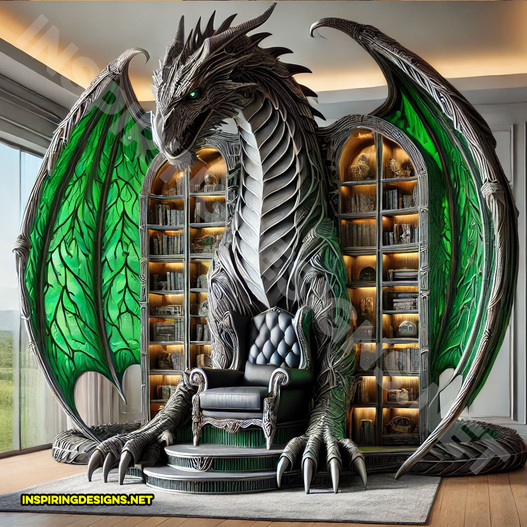 giant dragon bookcase in a green and black color