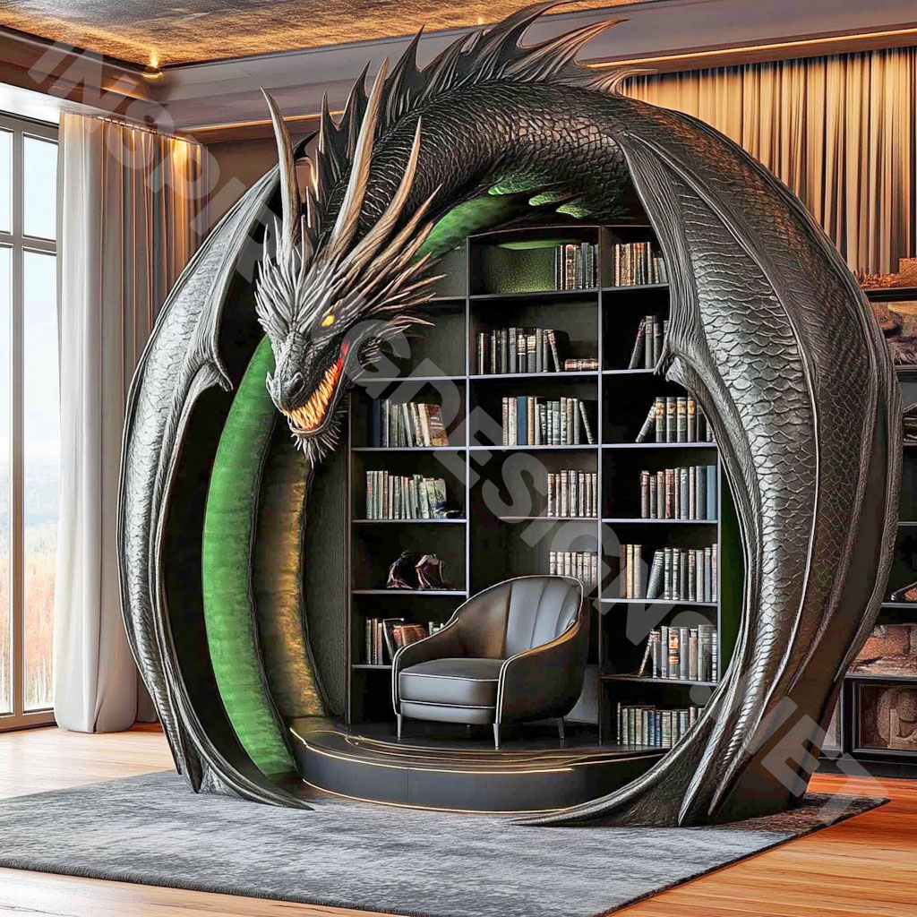 giant dragon bookcase in a black and green color 