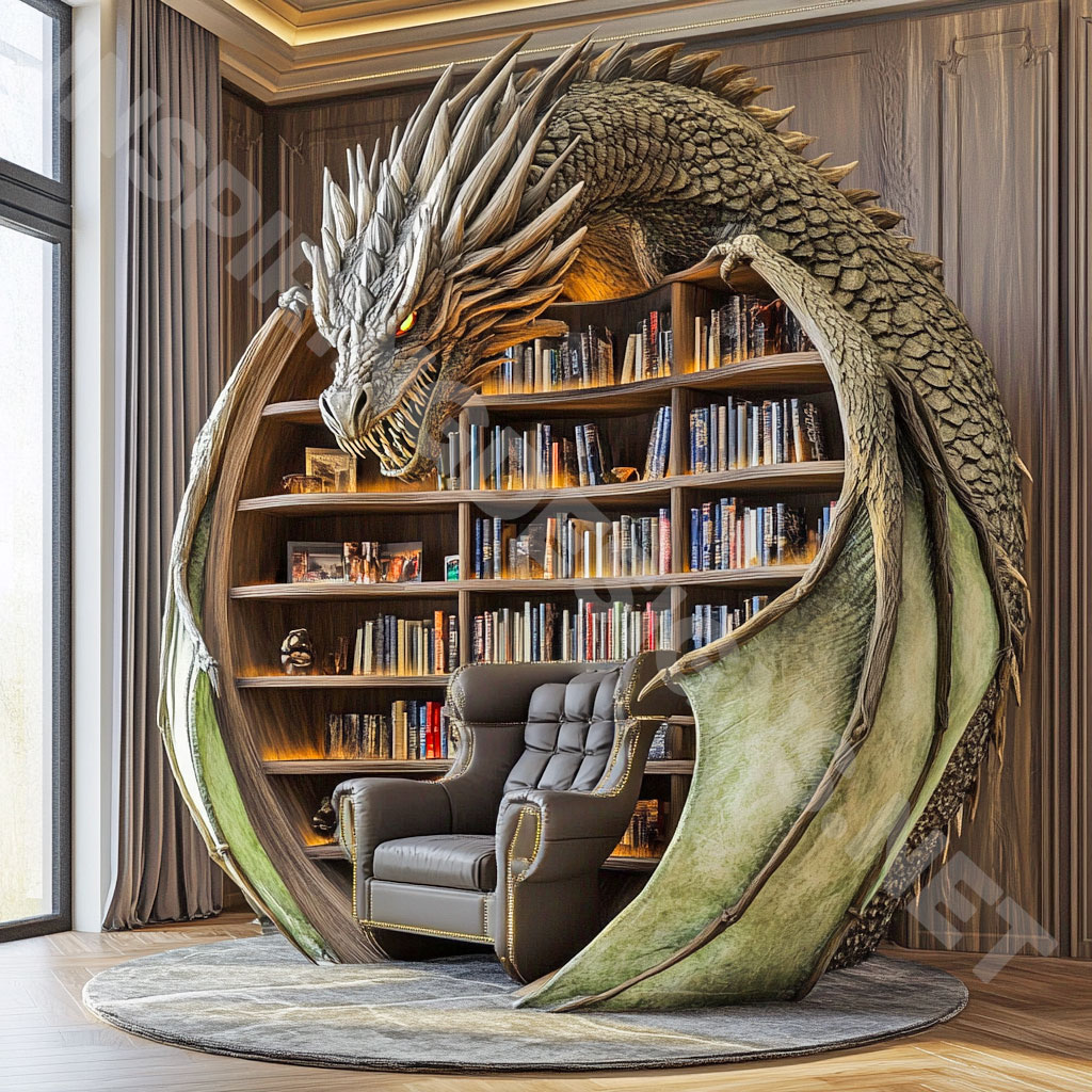 giant dragon bookcase in a green and grey color