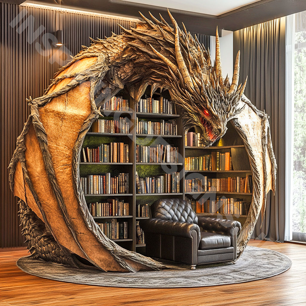 giant dragon bookcase in a grey and yellow color