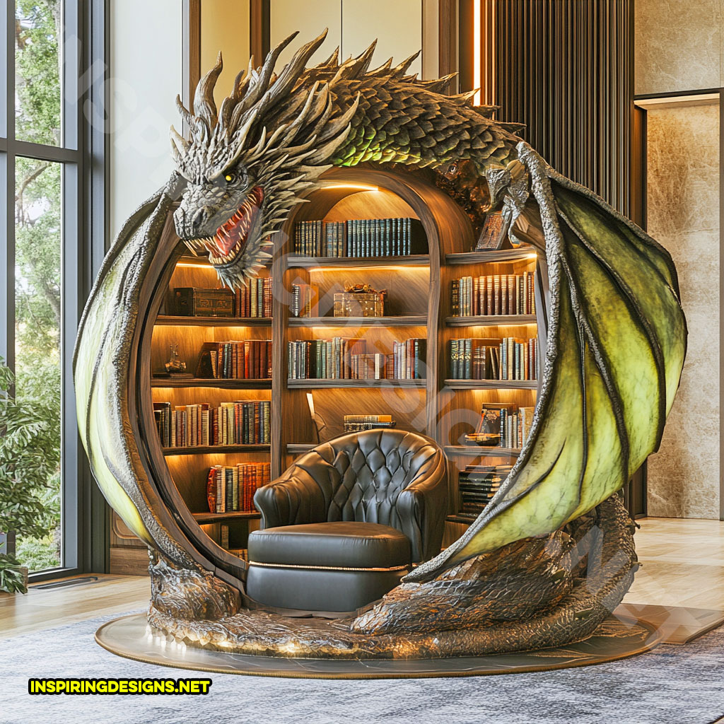 giant dragon bookcase in a green and black color